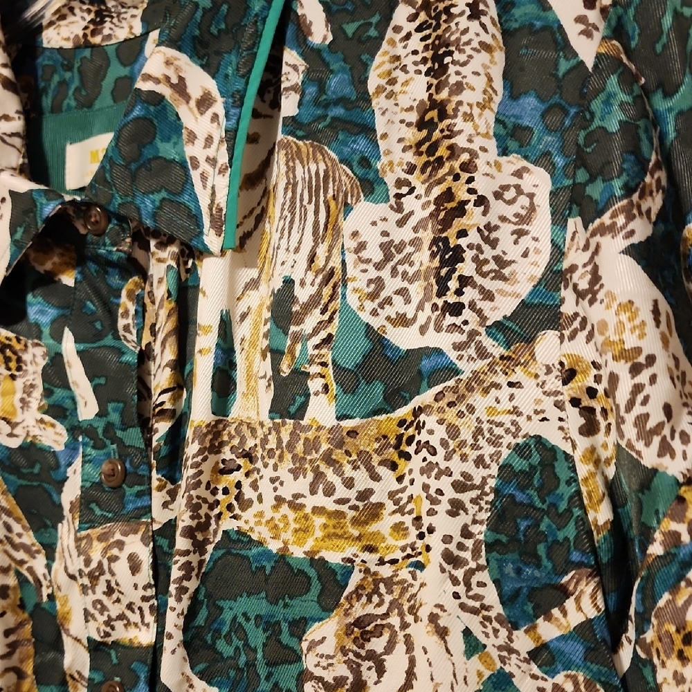 Maeve Teal and White Animal-Print Shirt Dress Medium - Picture 4 of 12
